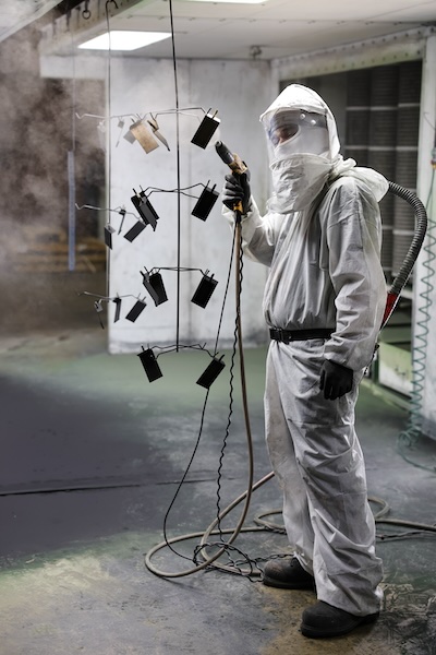 Man in head to toe painting suit, spray painting hanging parts.